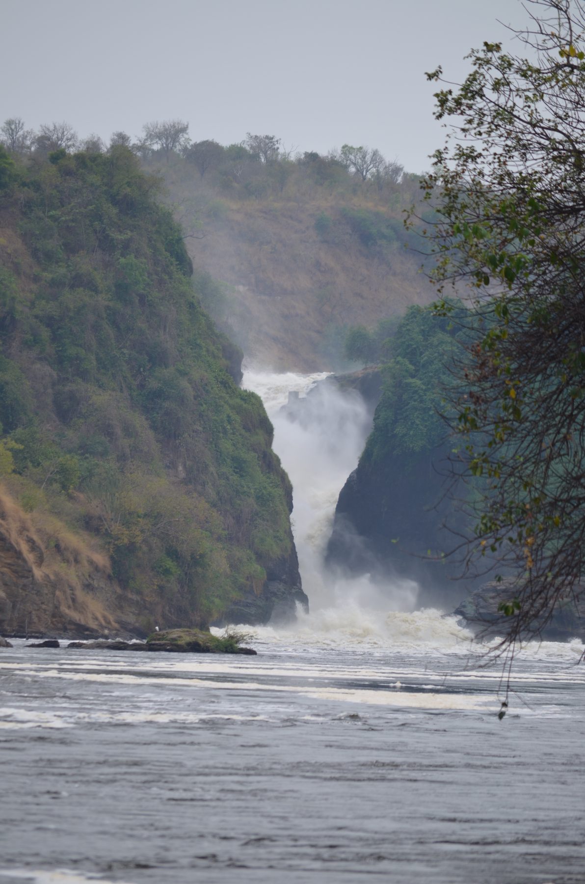 Murchison Falls seen from downstream, the Nile channelled through a seven-metre gorge